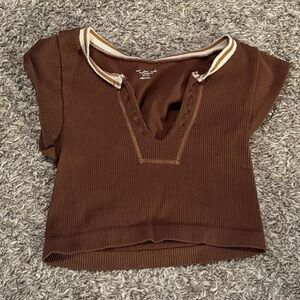 Urban Outfitters Chocolate Brown Ribbed Cropped Tee with Cream & Tan Trim